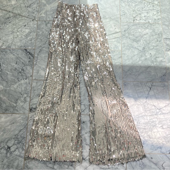 ZARA Silver Nude Flare Sequin Pants - Picture 9 of 16
